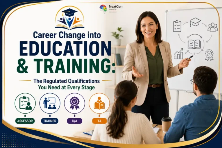 Infographic highlighting career change into education and training, focusing on assessor qualifications, trainer pathways, IQA certification, and teaching assistant roles as regulated steps for professional growth.