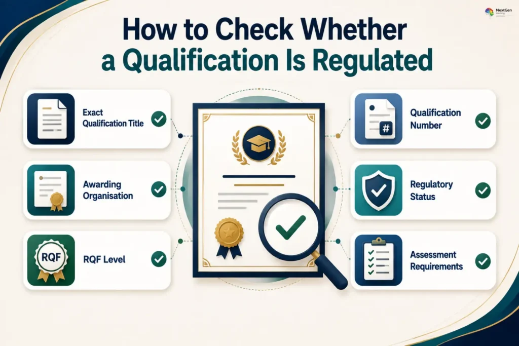 Infographic guide on checking regulated qualifications, highlighting exact qualification title, awarding organisation, RQF level, qualification number, regulatory status, and assessment requirements to confirm legitimacy and recognition.