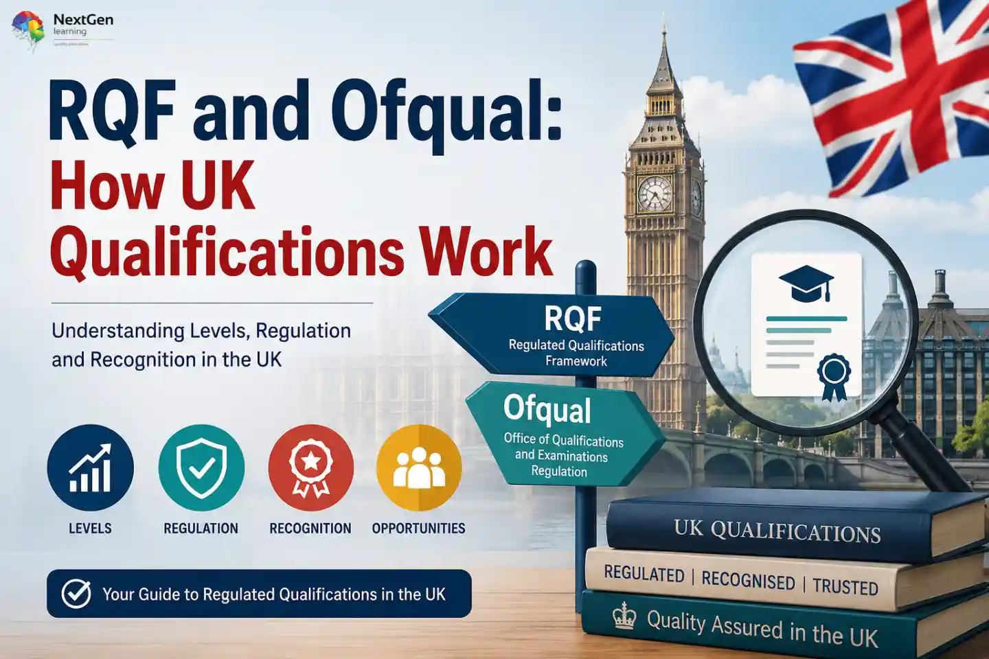 Infographic explaining RQF and Ofqual in UK qualifications, highlighting levels, regulation, recognition, and opportunities, with emphasis on regulated, recognised, and trusted standards ensuring quality assurance in UK education.