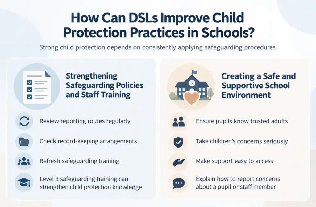 Infographic showing how DSLs improve child protection in schools through safeguarding policies, staff training and pupil support.