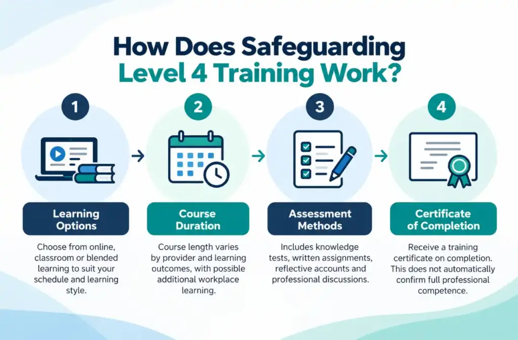 Infographic explaining Safeguarding Level 4 training in the UK, including learning options, course duration, assessments and certification.