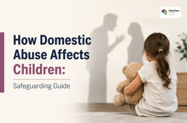 Safeguarding guide image showing how domestic abuse affects children, featuring a child holding a teddy bear.