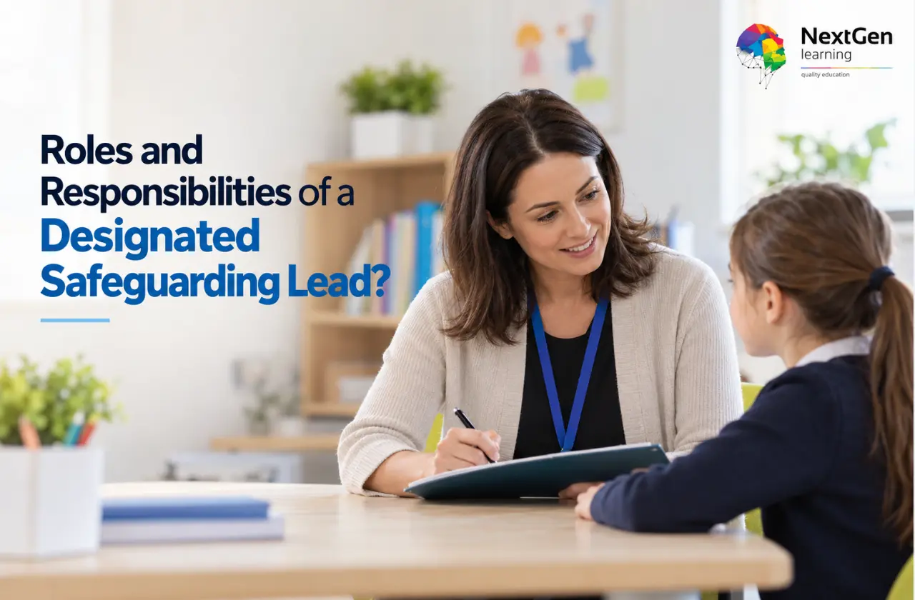 Designated Safeguarding Lead discussing child safety and wellbeing with a pupil in a school setting.
