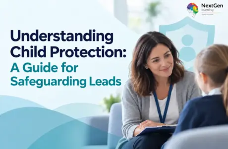 Safeguarding lead supporting a child, highlighting child protection guidance, safety and safeguarding responsibilities in UK schools.