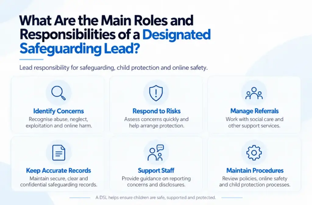 Infographic showing six key roles and responsibilities of a Designated Safeguarding Lead (DSL), including child protection, referrals, record-keeping, staff support and safeguarding procedures.