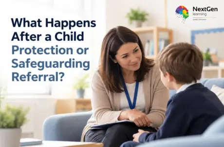 Safeguarding professional speaking with a child after a child protection referral to assess safety and wellbeing.