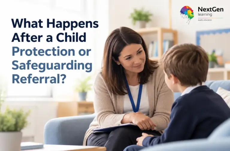 Safeguarding professional speaking with a child after a child protection referral to assess safety and wellbeing.