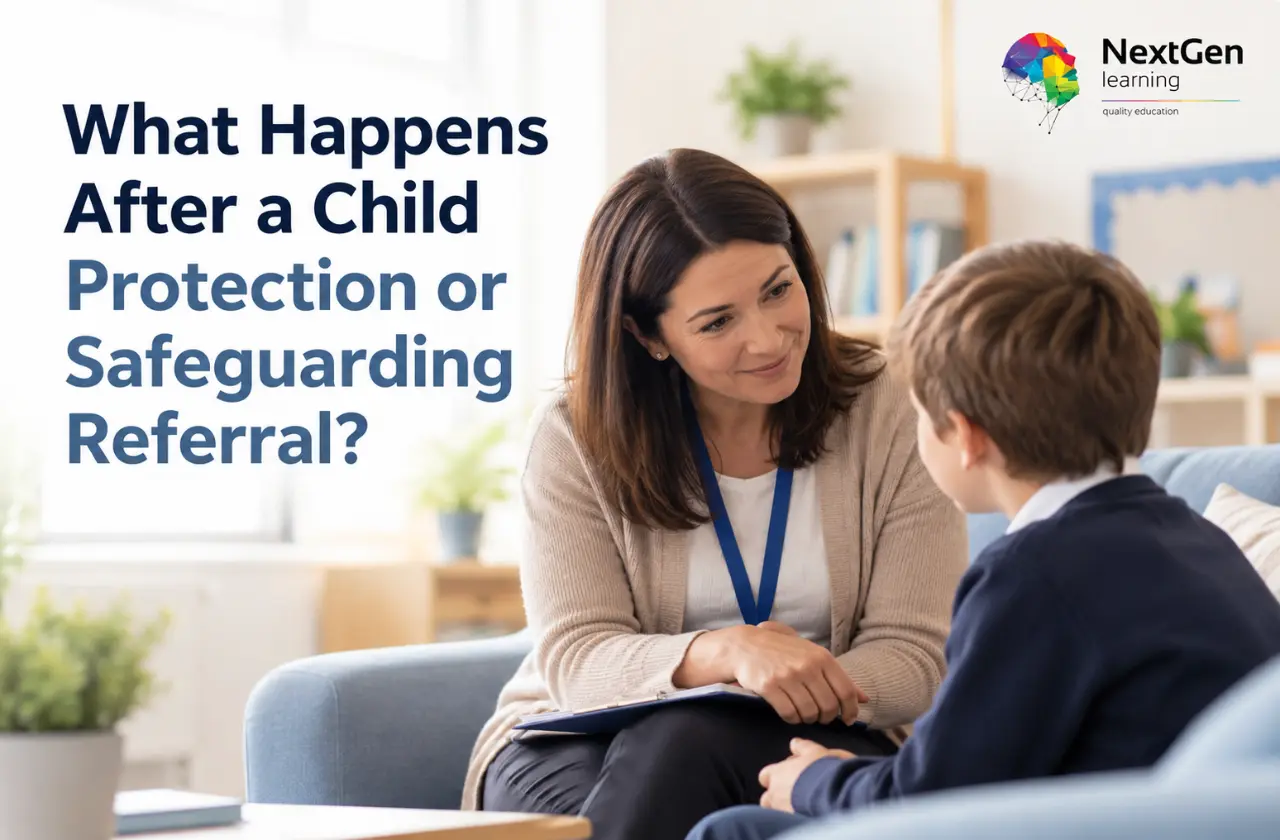 Safeguarding professional speaking with a child after a child protection referral to assess safety and wellbeing.