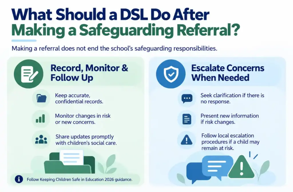 Infographic showing DSL responsibilities after a safeguarding referral, including recording, monitoring and escalating concerns.