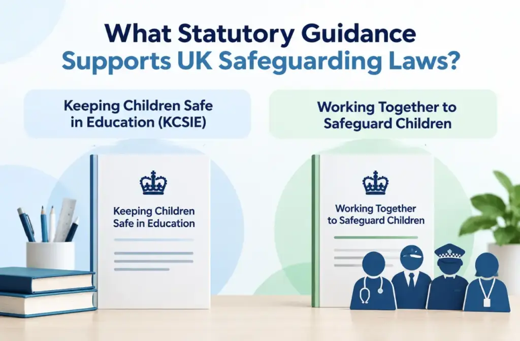 Infographic showing UK safeguarding guidance, including Keeping Children Safe in Education (KCSIE) and Working Together guidance.