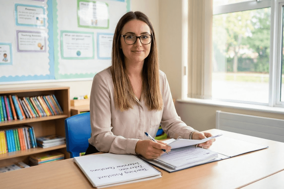 Teaching assistant preparing interview answers in a UK classroom