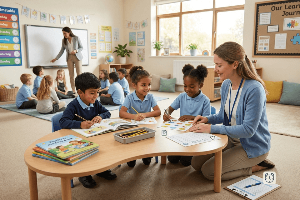 Teaching assistant supporting pupils during a lesson in a UK primary school classroom.